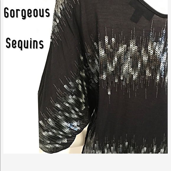 Bebe, V Neckline, Cold Shoulder, Sequins Black Top - Picture 5 of 10